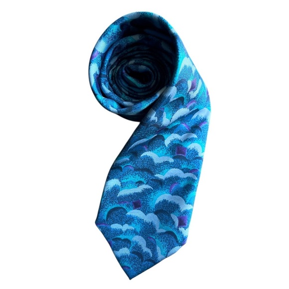 Pure Silk Tie By Wembley Blue Water Colors Wave Pattern - Picture 1 of 5
